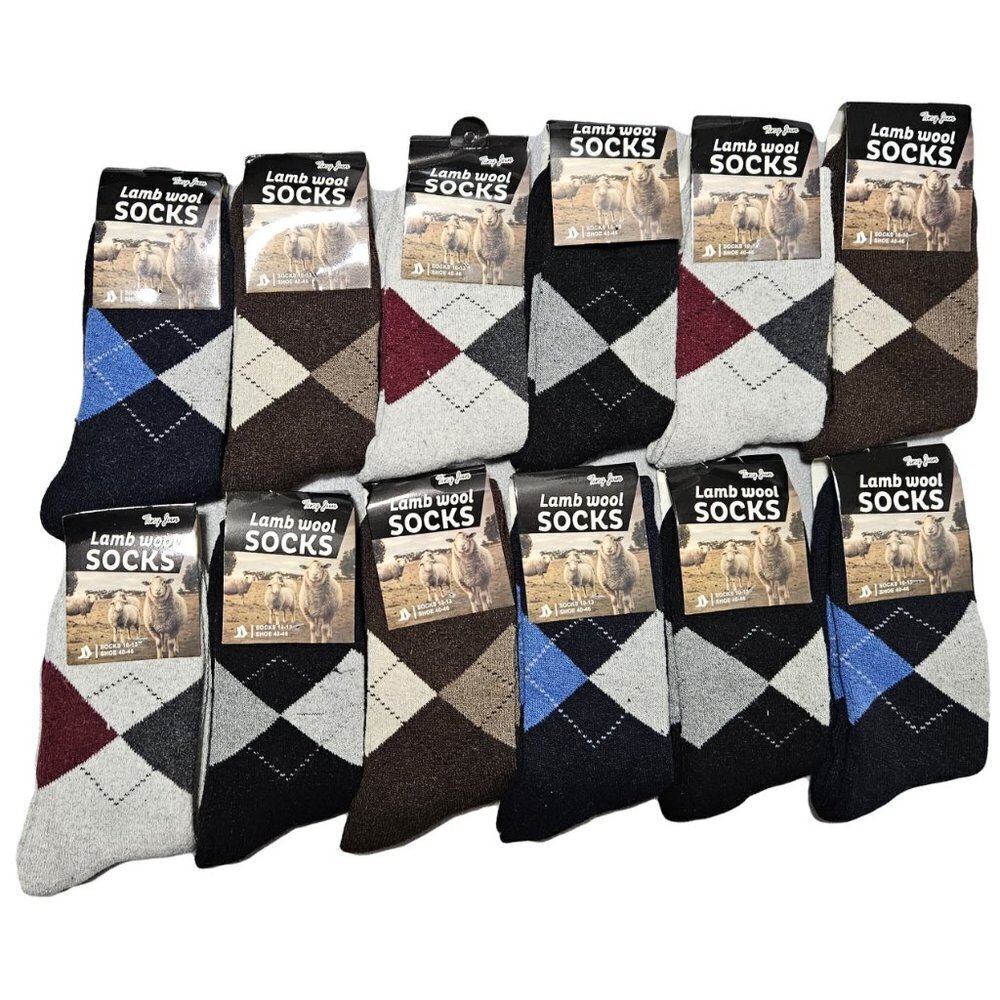 Men Wool Socks 10-13 Winter Lamb Wool Warm Crew Socks Classic Patterns 12-PAIRS